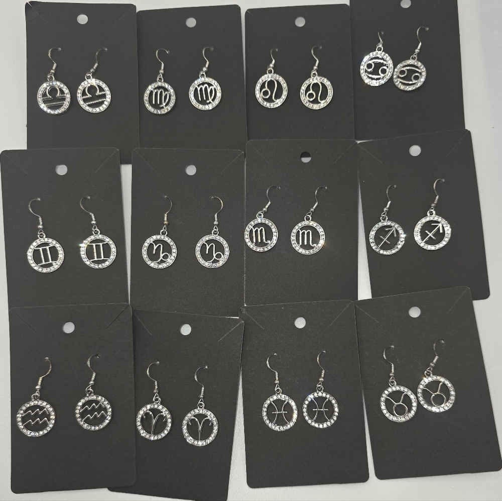 Zodiac Sign Hook Earrings! Hypo-Allergenic Handmade Gold Color with Cubic Zircon